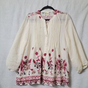 Fig & Flower Anthropologie M Tunic Top Beige Embroidered Floral Bell Sleeve Boho
